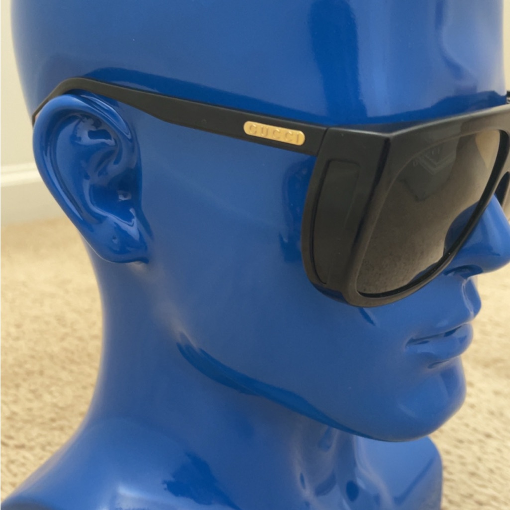 Gucci Matte Black Shield Sunglasses With Gold Logo Plaque